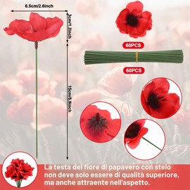 Haishell Set di 60 fiori artificiali di papavero rosso, fiori finti per la domenica della commemorazione, fiori di campo finti con ramo di fiori per la festa dei veterani, bouquet per la festa dei