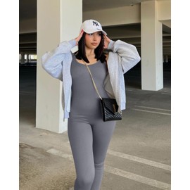 OLCHEE Womens Workout Rompers Jumpsuits Seamless Ribbed Yoga Gym One Piece Sleeveless Square Neck Tank Top Leggings Unitard - Grey Small