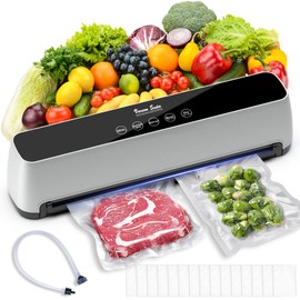 Vacuum Sealer, Compact 80 Kpa One-Touch Full Automatic Vacuum Sealer with LED Touch Screen Indicator Lights, 15 Seal Bags & 1 Air Suction Hose, Air Sealing System for Food Storage Dry/Moist Modes