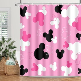BIYSUC Pink Mouse Head Shower Curtain Black and White Children Cartoons Kids Bath Curtain Cute Animal Grey Bathroom Home Decor Waterproof Polyester Fabric 72Lx60W Inch with 12 Pack Hooks
