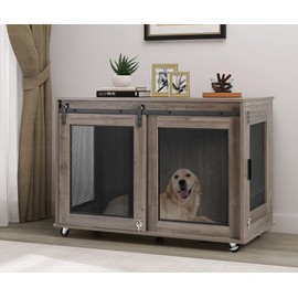 LINLUX 40 Inch Dog Crate Furniture, Wooden Heavy Duty Dog Kennel Indoor, Decorative Dog Cage Table for Large Medium Dogs, with Sliding Doors, Wheels and Flip-top Plate