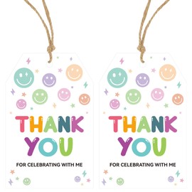Anwyll Smiley Face Thank You Gift Tags,50Pcs Happy Face Thank You Party Favor Tags with String,Thank-s You for Celebrating with Us Labels,Baby Shower Birthday Party Wedding Thanks Gift Labels Favors