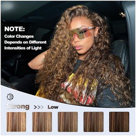 AUROO Honey Blonde Highlight Brazilian Deep Wave Human Hair Bundles with Closure, 10A Soft Thick Ombre Brown Curly 100% Human Hair Bundle with Free Part HD Transparent Lace 4x4 Closure (10 12 14 + 10)