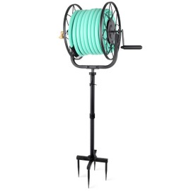 Favormony Turntable Garden Hose Reel - Heavy Duty Outdoor Water Hose Holder Stand, 100 Ft 5/8 IN Hose Capacity with Sturdy Cross Base, Height Adjustable Freestanding Hose Hanger for Yard Lawn (Black)