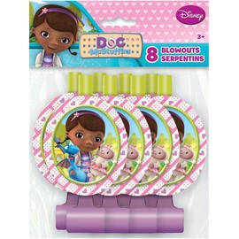 Doc McStuffins Party Supplies Deluxe Bundle includes 1 Table Cover, 1 Hppy Birthday Banner, 16 Loot Bags, 16 Party Blowouts, 16 Party Invitations, 24 Stickers