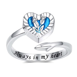 Sterling Silver Urn Rings for Ashes for Women - Blue Heart Cremation Jewelry Adjustable Memorial Keepsake Jewelry for Loss of a Loved One Pet Human Ash