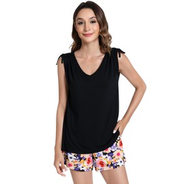 NACHILA Pajamas for Women-Viscose Made from Bamboo, Cool V Neck Top with Pajama Shorts Sets Sleeveless Sleepwear Soft 2 Piece Pjs Black Small