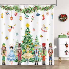 Bonhause Christmas Nutcracker Shower Curtain, Xmas Tree Fairy Gifts Winter Holiday Bathroom Decor 72 x 72 Inch Polyester Fabric Waterproof Bath Curtain with 12 Hooks