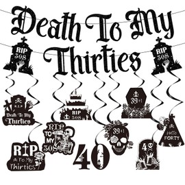Refavor Black Glittery 40th Birthday Decorations for Him Her, Death to My 30s Banners Birthday Decoration, Funeral Rip to My Thirties Hanging Swirls Decor Supplies Women Men