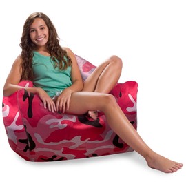 Posh Creations Structured Comfy Bean Bag Chair for Gaming, Reading and Watching TV, Malibu Lounge, Nylon - Camo Pink and Black