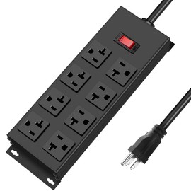 JUNNUJ Heavy Duty 20 Amp Power Strip, Garage 8 Outlets Metal 12 Gauge Surge Protector 3000J, High Amp 5-15P Adapter Shop 6-20R T-Slot Industrial Outlets (8AC, 10FT)