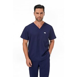 Careberry Premium Men's V-Neck Short Sleeve Scrub Top (US, Alpha, Medium, Regular, Regular, Navy)