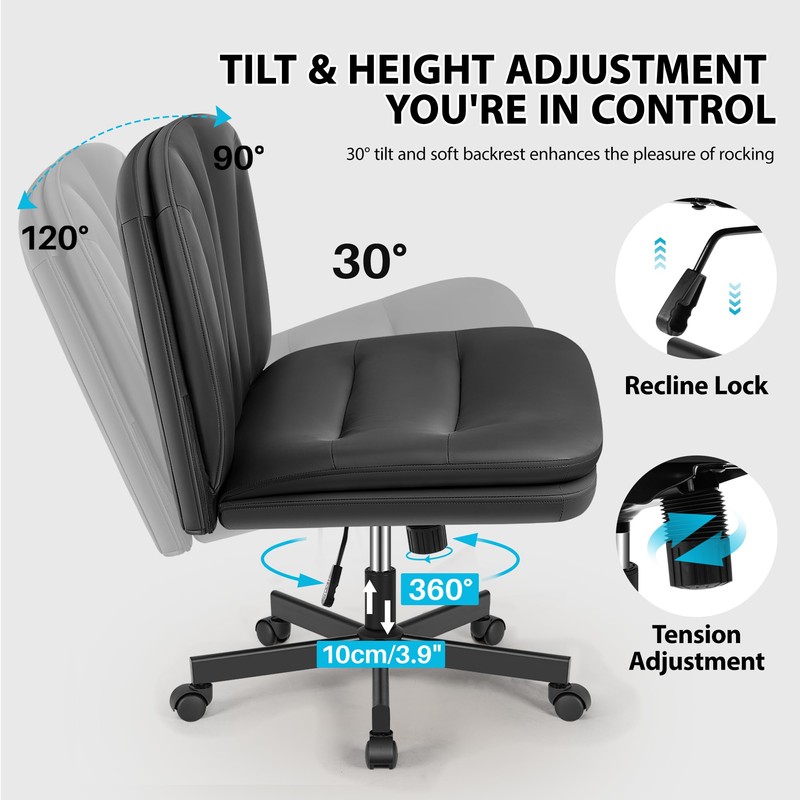 Prime Criss Cross Office Chair, Comfy Wide PU Leather Armless