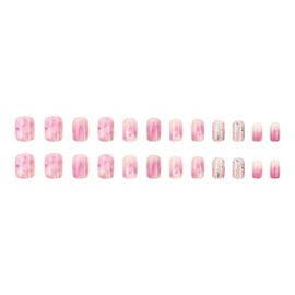 24PCS Short Press on Nails Square Fake Nails Cute White Flower Designs Nude Pink Gradient Full Cover Design Nail Art Decoration Glossy Full Cover Acrylic False Nails Extra Stick on Nails