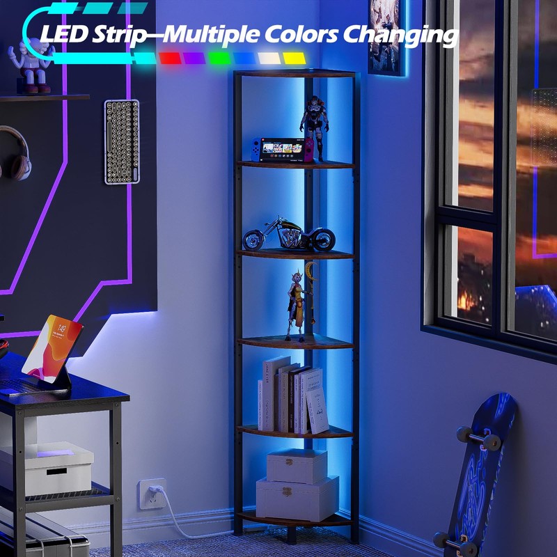 Furnulem 6 Tier Corner Shelf with LED Light, 67.5” Tall