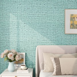 FunStick 24"x200" Grasscloth Teal Blue Green Peel and Stick Wallpaper Textured Linen Grass Cloth Wallpaper Rolls for Bedroom Living Room Walls Removable Contact Paper Peel and Stick Vinyl Wallpapers