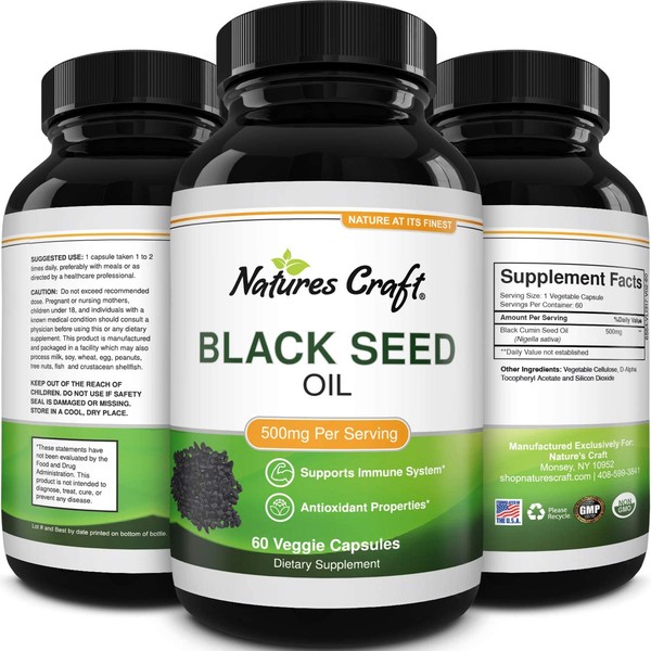 Black Cumin Seed Oil Capsules - Nigella Sativa Focus Supplement and Immune System Support for Digestive Health - Antioxidant Black Seed Oil Capsules and Hair Supplement with Hair Growth Vitamins 500mg