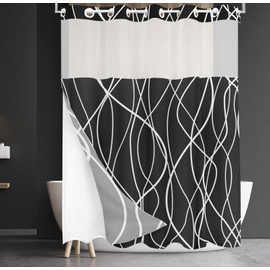 Tititex No Hooks Snap in Liner Abstract Curve Lines Black Ivory White Shower Curtain, Hotel Luxury Double Layers No Hooks Waterproof Fabric & See-Through Top Window Bathroom Decorative 71x71 Inch