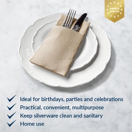 PAW - Linen Feel Napkins with Built-in Flatware Pocket, Soft and Absorbent Paper Pre-Folded Napkins, Guest Towels, Wedding Party, Dinner, Birthday, Gatherings, Monocolor Beige, 50 Count