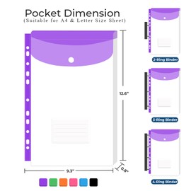 Y YOMA 6 Pack Plastic Binder Pocket with 11 Holes & Snap Button - Letter Size Top-Loading Expandable Extra Capacity Envelope for 2/3/4 Ring Binder, Matte Design