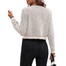 GORGLITTER Women's Checked Cardigan Elegant Cropped Cardigan with Plaid Pattern Crew Neck Knitted Coat with Pockets Thin Jacket Outwear Pullover, Black and White, S