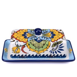NAGU Hand Drawn Ceramic Butter Dish with Lid, Farmhouse Butter Plate Tray with Cover, Vintage Cheese Container Holder for Kitchen Countertop, Decorative Colored Country Style Home Butter Keeper Saver