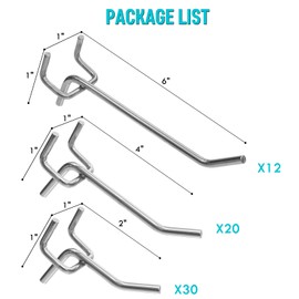 Pegboard Hooks Accessories - 62pcs 2/4/6 Inch Metal Peg Board Tool Hangers, Fits 1/8 1/4 Pegs Slots, Pegboard Wall Organizer Shelving Racks, Hanging Display Storage Holders for Garage Craft Office