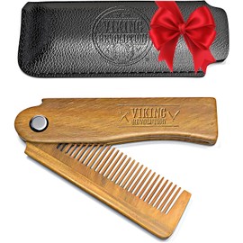 Folding Beard Comb for Men w/Carrying Pouch - All Natural Wooden Beard Comb w/Gift Box - Green Sandalwood Folding Comb for Grooming & Combing Hair, Beards and Mustaches by Viking Revolution
