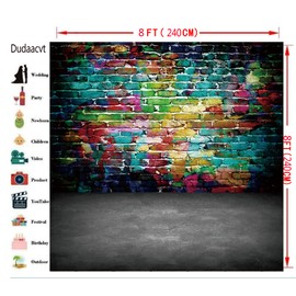 Dudaacvt Graffiti Photography Backdrop, 8x8 ft Colorful Brick Wall Vintage Cement Floor Backdrop for Studio Props Photo Background