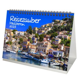 Travel Magic Mediterranean DIN A5 Desk Calendar for 2025 Mediterranean Holiday Set Contents: 1 x Calendar, 1 x Christmas Pendant, 1 x Greeting Tag (Total 3 Pieces)