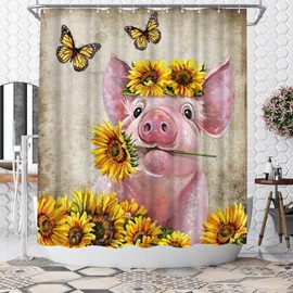 WELMECO Cute Pink Pig Shower Curtain Rustic Country Animal and Yellow Sunflower Shower Curtain Farmhouse Bathroom Decor Polyester Fabric, 72x72inch