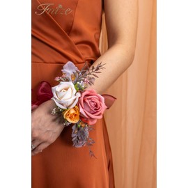 Fnize Orange Pink Corsage and Boutonniere Set, Artificial Rose Boutonniere and Wrist Corsage Flower for Bride Groom Bridesmaids Groomsmen Wedding Homecoming Prom Flowers