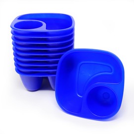 Rolling Sands Reusable Snack and Dip Bowls, 10 Pack, USA Made, Dishwasher and Microwave Safe Personal Size Plastic Divider Blue Bowls, BPA-Free, Two Compartments to Hold Dips, Snacks and Treats