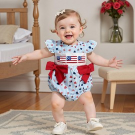Newborn Baby Girl 4th of July Outfit American Flag Heart Fly Sleeve Smocked Romper Infant Bodysuit Patriotic Clothes (Blue, 0-3 Months)