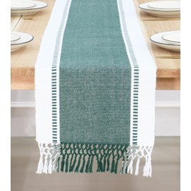 PurpleEssences Dobby Stripe Woven Table Runner Ribbed Christmas Farmhouse Dining Room - 14x90 (14x95.5, Fringe Included) - Forest Green