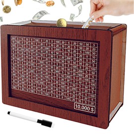 Jxueych Savings Challenge Box, 10k Wooden Piggy Bank with Counter, Money Saving Box for Kids and Adults, Savings Goal of $10000, Easy to Assemble Cash Vault, Ideal Gift (Dark Brown)