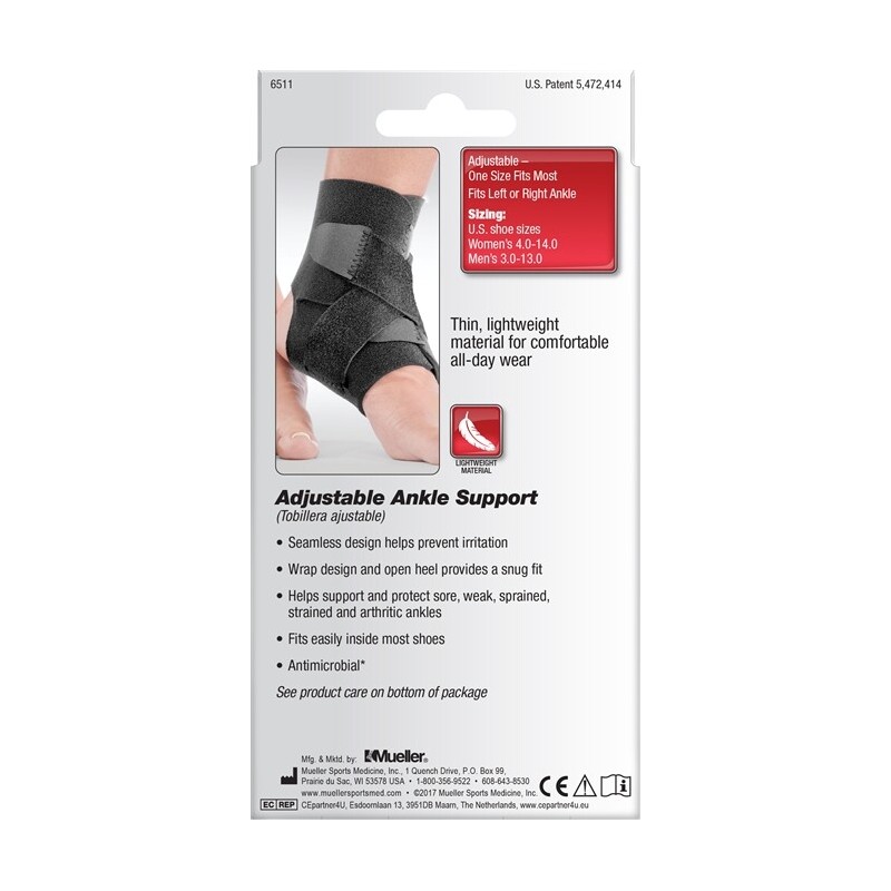 Mueller Adjustable Ankle Support, Black - One Size Fits Most
