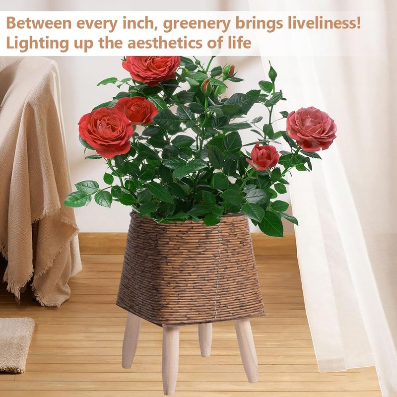 Indoor Woven Planter with Stand, Rattan-Style Plastic Flower Pot Holder,