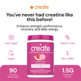 Create Creatine Monohydrate Gummies for Men & Women - Boost Focus, Strength, and Endurance, Anti-Melting Formula, Vegan, Gluten-Free, Non-GMO, 1.5 Gram Creatine per Gummy (Watermelon, 90 ct)