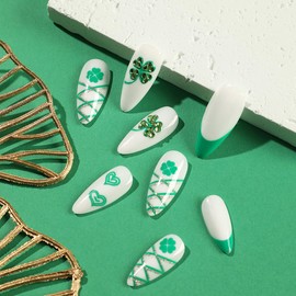 St. Patrick's Day Press on Nails Medium Green Rhinestone Love Four Leaf Clover With Design French Tip Fake Nails Almond Stick On Nails St. Patrick's Day Shamrock Nail Decoration for Women Girls, 24Pcs