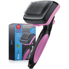 BluePet Dog Brush & Cat Brush for Long Hair - Gently Removes Undercoat, Tangles & Knots - Plucking Stuff 2.0 Version with Cleaning Button - For Daily Use (Blue)