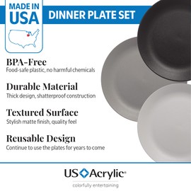 US Acrylic Everest Ultra-Durable Plastic 10 inch Dinner Plates in Grey Stone | Set of 6 Reusable, BPA-Free, Made in the USA, Dishwasher Safe Dinnerware