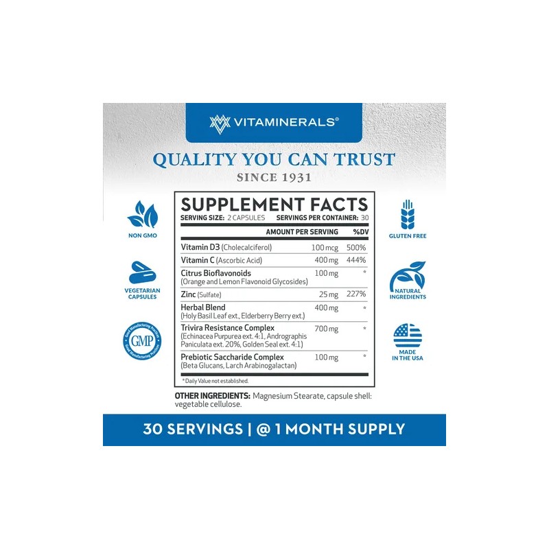 Vitaminerals Trivira Vitamina C D3 Zinc Hierbas 60 Cápsulas