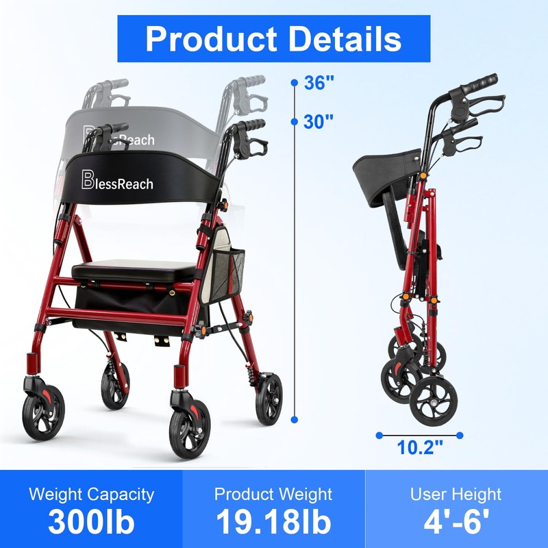 BlessReach Lightweight Foldable Rollator Walker with Seat for Seniors, Red
