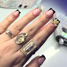 Black French Tips Press on Nails Short Square False Nails with Gold Bow Charm Design Gold Rhinestone Fake Nails Glossy Skin Tones Stick on Nails Summer Glue on Nails for Women Girls Manicure 24Pcs