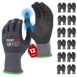 Mustbau 12 Pairs Black Touch Screen Work Gloves Men with Nitrile Coating for Assembly Work, Mechanics, Gardening and Construction Work Size M