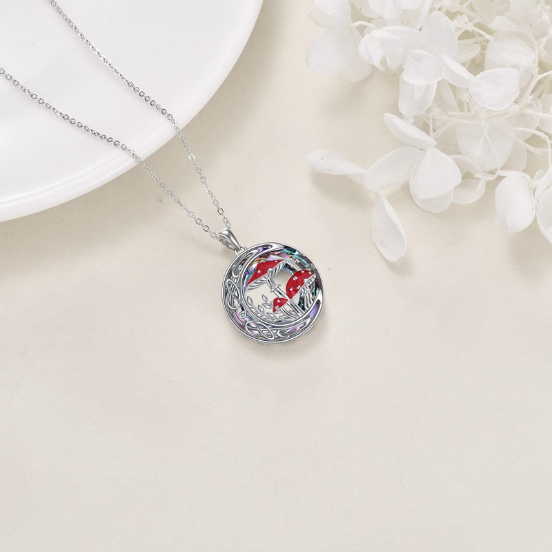 YAFEINI Mushroom Necklace 925 Sterling Silver Crystal Celtic Moon Mushroom