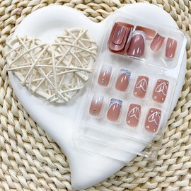 Medium Press on Nails Square Fake Nails Cute Heart False Nails with Designs Blue Glitter French Tip Nails with Glue Full Cover Glossy Acrylic Stick on Nails for Women Manicure 24pcs