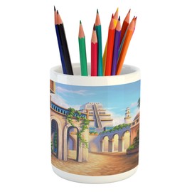 Lunarable City Pencil Pen Holder, Babylon City Gardens Architecture 7 Wonders of the World, Printed Ceramic Pencil Pen Holder for Desk Office Accessory, Pale Caramel Green Blue