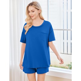Ekouaer Women's 2 Piece Pajama Sets Short Sleeve Lounge Sets Soft Round Neck Top and Shorts Sleepwear Blue, Small